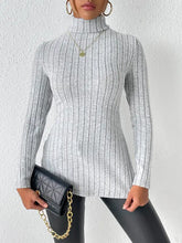 Grey ribbed turtleneck long sleeve slit sweater