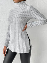 Ribbed Turtleneck Long Sleeve Slit T-Shirt Woman T Shirts