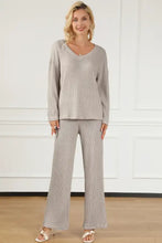 Cozy taupe ribbed v-neck top and pants lounge set featuring long sleeve length and soft knit fabric for comfort