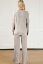 Beige ribbed knit two-piece loungewear set with v-neck top and long sleeve length perfect for casual comfort