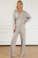 A cozy soft taupe ribbed v-neck top and pants lounge set with long sleeve length for comfortable wear