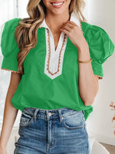 Green ricrac trim color block patchwork short sleeve blouse with white collar and gold-trimmed scalloped detailing