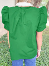 Green short sleeve blouse with puffed sleeves and ricrac trim color block patchwork white collar with gold lace