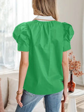 Bright green color block patchwork short sleeve blouse with ricrac trim and scalloped lace shirt collar