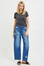 Blue denim cropped barrel jeans with risen elastic band drawstring waistband and star patch appliqués