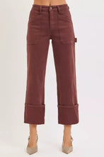 Maroon high rise wide straight cargo pants with rolled cuffs and button closure in plus size RISEN jeans style