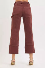 Maroon high rise wide straight denim pants with rolled cuffs and cargo pockets in plus size design