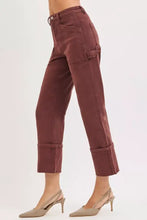 Cropped burgundy high rise wide straight cargo pants with rolled cuffs and patch details in plus size design