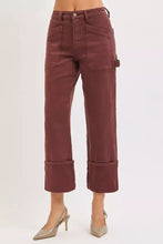 Burgundy high rise wide straight cuffed cargo pants with multiple pockets in plus size material