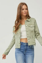 RISEN Full Size Raw Hem Button Up Cropped Denim Jacket Plus Size Sage Woman Outerwear