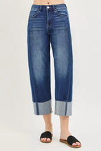 Risen full size slouchy crop barrel leg jeans in blue denim with high waist and wide rolled cuffs plus size