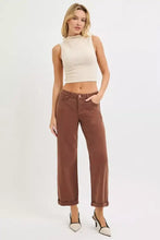 Brown wide-leg cropped jeans with rolled cuffs featuring tummy control mid rise and barrel baggy fit for plus size