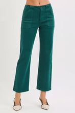 Emerald green risen high rise ankle flare jeans with wide-leg relaxed fit and front patch pockets