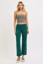 Emerald green risen high rise ankle flare trousers with wide legs and front patch pockets for stylish comfort