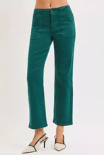 Emerald green risen high rise ankle flare jeans with high waist straight leg front pockets and button closure