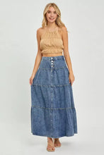 Blue denim risen high rise tiered maxi skirt with button closure and ruffle detailing for stylish casual wear