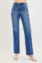 Risen high rise blue denim jeans with straight-leg cut and visible stitching details for a classic fit