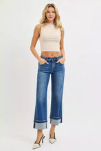 Blue denim risen mid rise ankle straight jeans with rolled cuffs and a cuffed hem in classic straight-leg cut