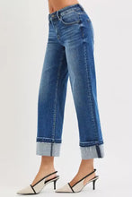 Blue denim risen mid rise ankle straight jeans with wide-leg fit rolled cuffs and faded wash