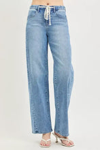 Light-wash denim risen relaxed fit jeans with wide-leg cut and white drawstring waist for casual wear