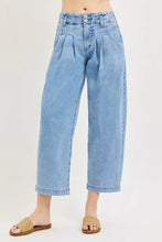 Light-wash denim risen slouchy crop high-rise wide-leg jeans with pleated front and button closure