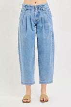 Light-wash denim risen slouchy crop high-rise wide-leg jeans with pleated front and button closure