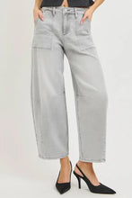 Light gray denim risen slouchy cropped barrel jeans with wide-leg, relaxed fit and visible stitching details