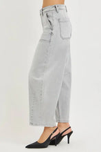 Light gray high waist wide-leg denim trousers with visible stitching from risen slouchy cropped barrel jeans collection