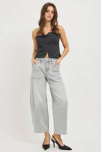 Light gray wide-leg denim risen slouchy cropped barrel jeans with relaxed fit and visible stitching details