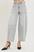 Light gray high waist wide-leg denim trousers with patch pockets in risen slouchy cropped barrel jeans style