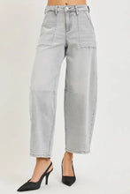 Light-wash denim risen slouchy cropped barrel jeans with high-rise waist and wide-leg cut for casual wear