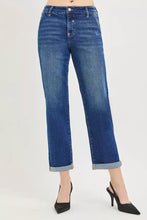 Blue denim risen slouchy cropped boyfriend jeans with a straight-leg cut and rolled cuffs in a cuffed hem style