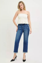 Blue denim risen slouchy cropped boyfriend jeans with rolled cuffs and a classic straight-leg cut