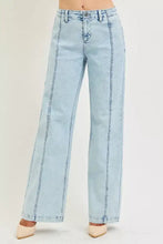 Light-wash denim risen slouchy wide leg jeans with straight-leg cut and prominent vertical seam detailing