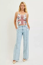 Light-wash denim risen slouchy wide leg jeans featuring vertical seam detailing and a flare cut