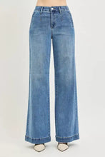 Blue denim high rise wide jeans with tummy control elastic band and classic stitching detail