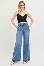 Blue denim wide jeans with high rise tummy control elastic band and classic five-pocket design from RISEN