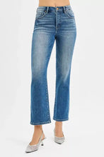 Risen tummy control high rise crop straight jeans in blue denim with subtle fading and a straight-leg cut