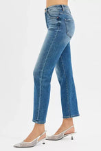 Risen tummy control high rise crop straight jeans in blue denim with subtle fading and a straight-leg cut