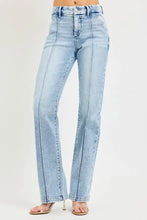 Light-wash denim risen tummy control high rise straight pin tuck jeans with visible stitching and comfortable feel