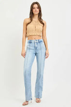 Light-wash denim risen tummy control high rise straight pin tuck jeans with visible stitching and comfortable feel