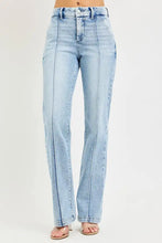 Light-wash risen tummy control high rise straight pin tuck jeans with vertical seams for a comfortable feel