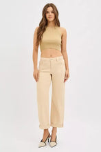 Beige risen tummy control mid rise wide-leg jeans with rolled cuffs and relaxed baggy fit for comfortable wear