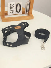 Nietenverziertes schwarzes Leder-Hundegeschirr mit Leine und silberner Hardware