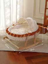 Cozy Rocking Pet Bed with canopy, cream floral design, wooden frame, rocking motion