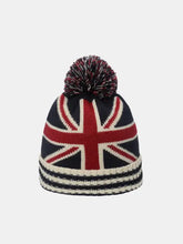 Navy blue roll rim flag knit hat with Union Jack design and pom-pom
