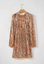 Rose gold sequin mock neck mini dress with long sleeves and backless design