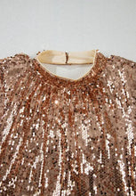 Rose gold sequin mock neck mini dress with backless capelet