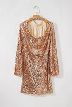 Rose gold sequin mock neck mini dress with long sleeves and backless design