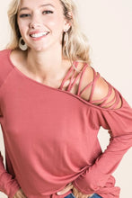 Rose Jersey Knit Off-the-Shoulder Top with Criss Cross Strap Detail MARSALA